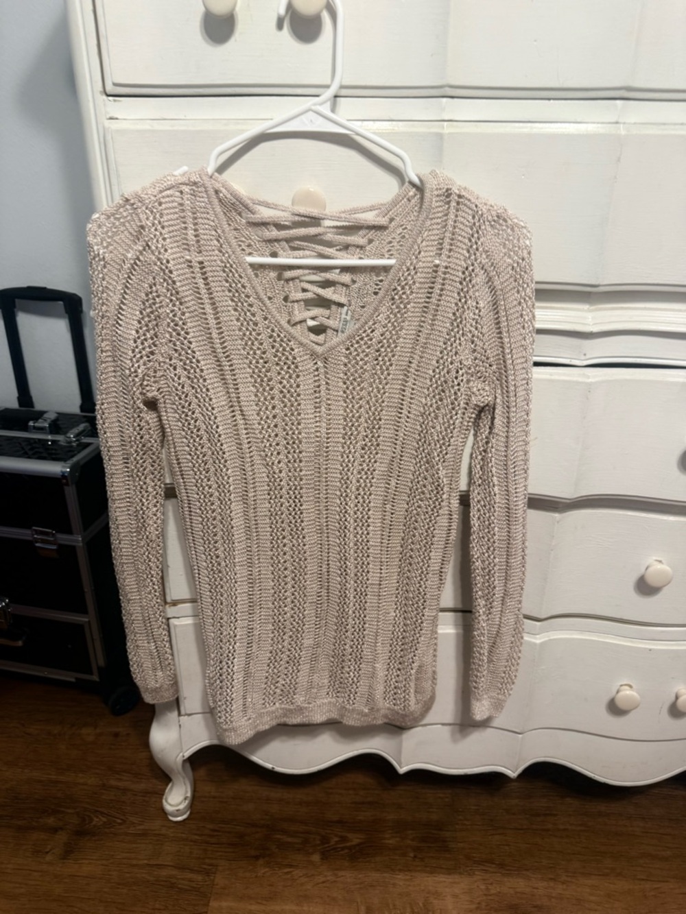Guess Cream Lace-Up V-Neck Knit Sweater